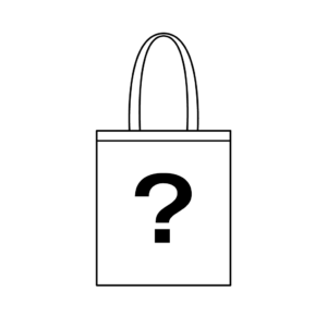 The outline of a tote bag with a question mark in the middle.
