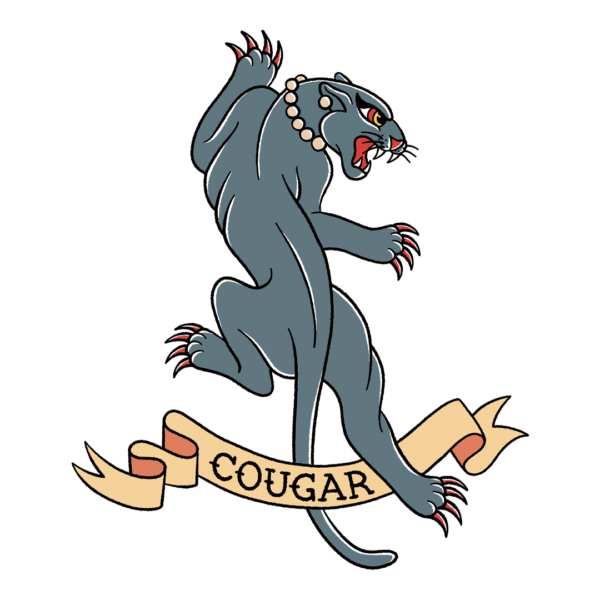 A tattoo style cougar with a banner that says "Cougar".