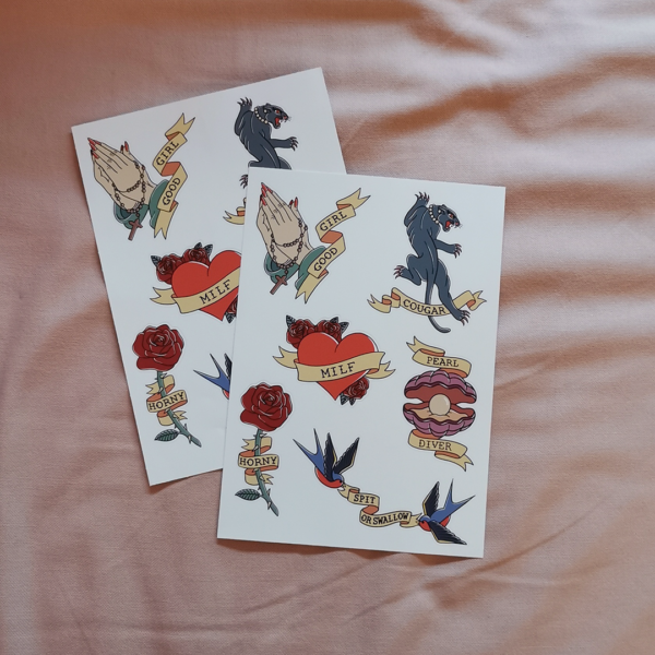 All six tattoo drawings on vinyl sticker sheets
